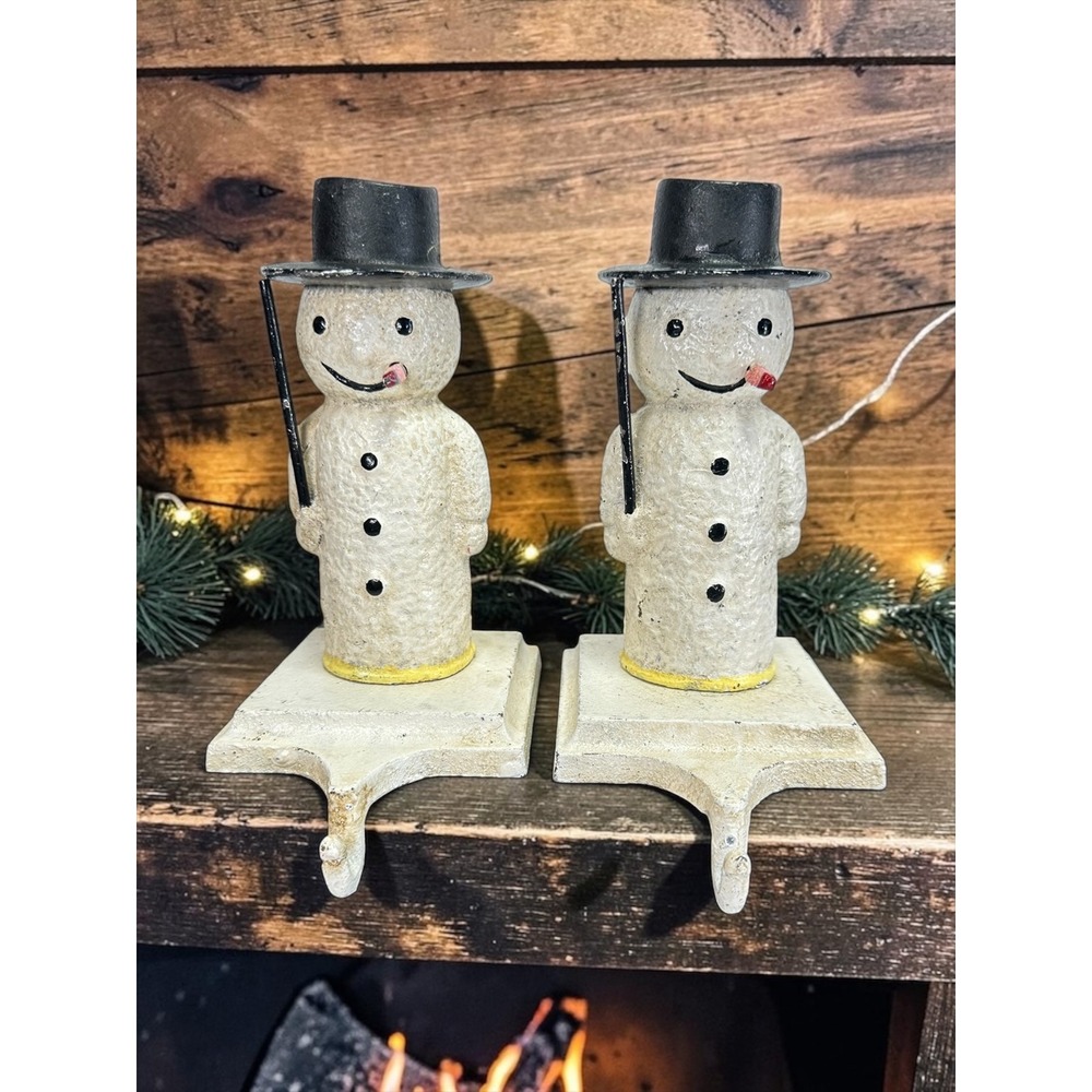 Vintage Painted Cast Iron Snowman Stocking Holder Set 2